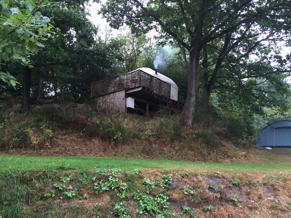Exterior view of the yurt set in countryside near The Bridge Inn, Michaelchurch Escley.