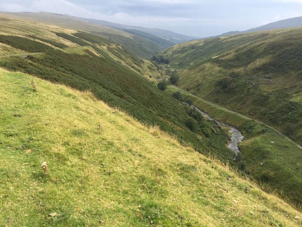 Scenic reservoir and mountain backdrop at Grwyne Fawr Dam, Black Mountains, Wales.