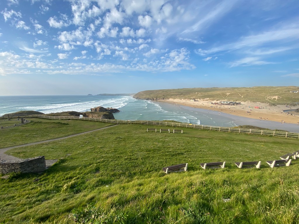 Hilltop view of Perranporth beach in Cornwall