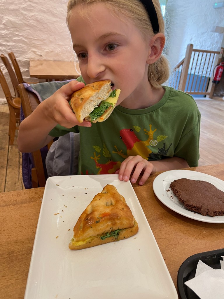 Vegan ciabatta roll and vegan cookie at Trerice Manor Barn Cafe.