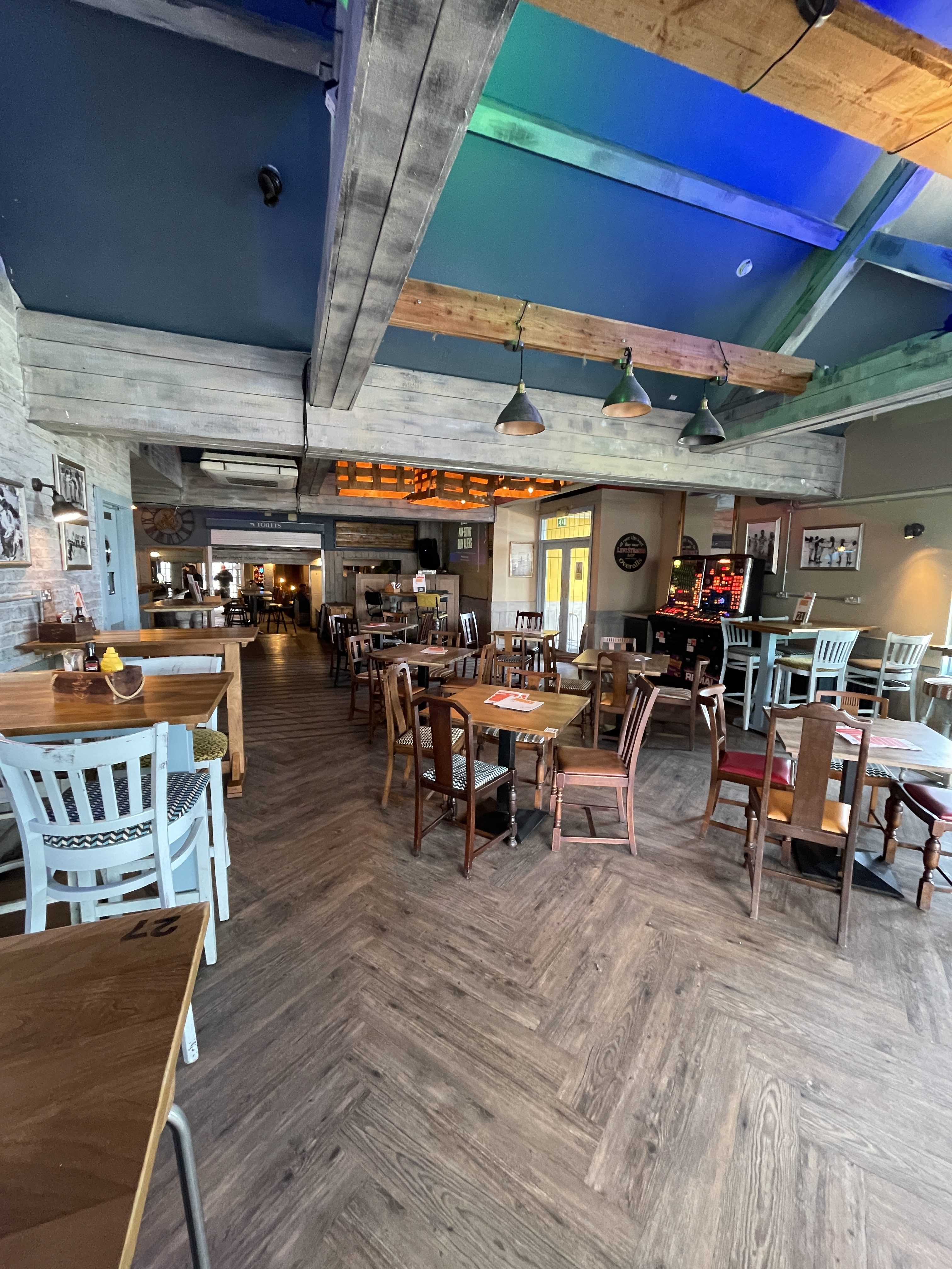 Decor and seating inside Sailors Arms pub and restaurant, Newquay, Cornwall