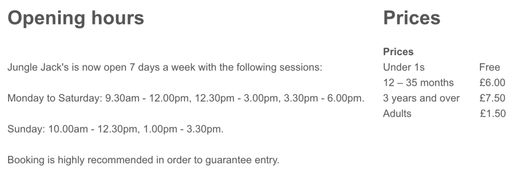 Jungle jack pricing and opening hours