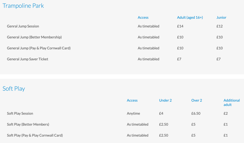 Newquay trampoline Park prices