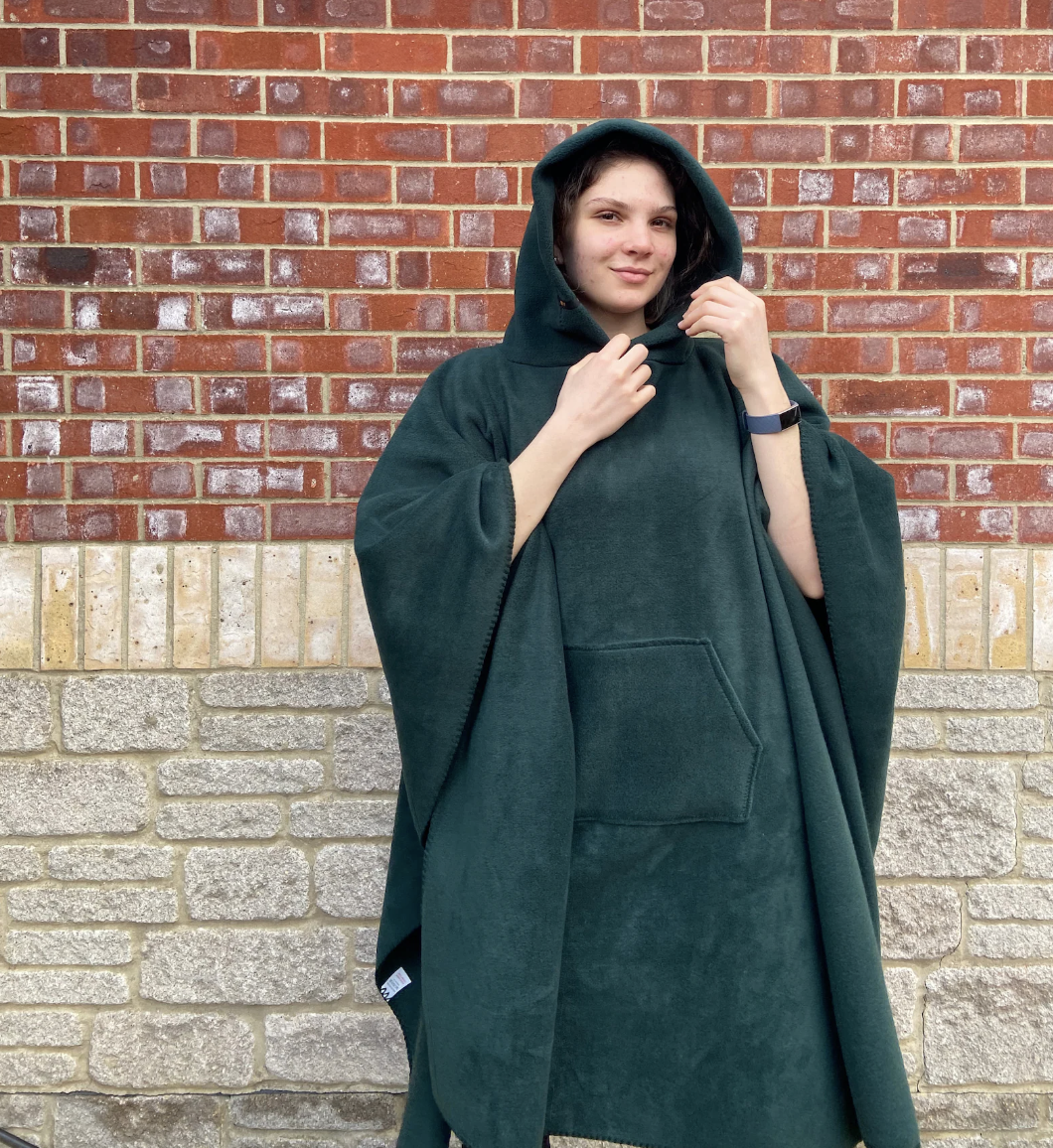 stay warm on plane with fleece blanket hooded poncho