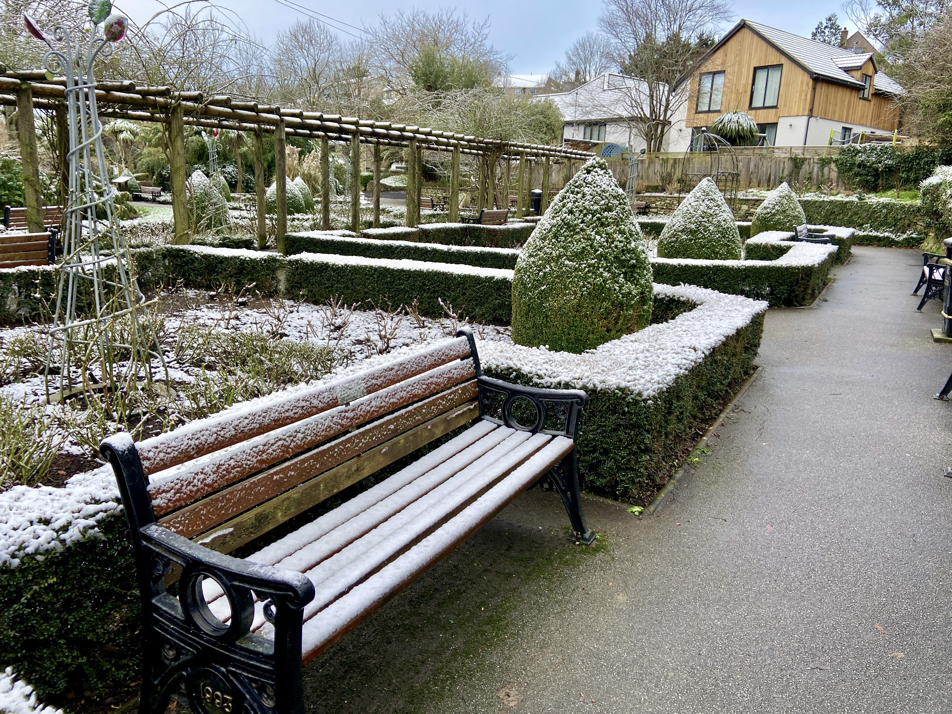 Snow in the rose garden in winter at Trenance Gardens Newquay