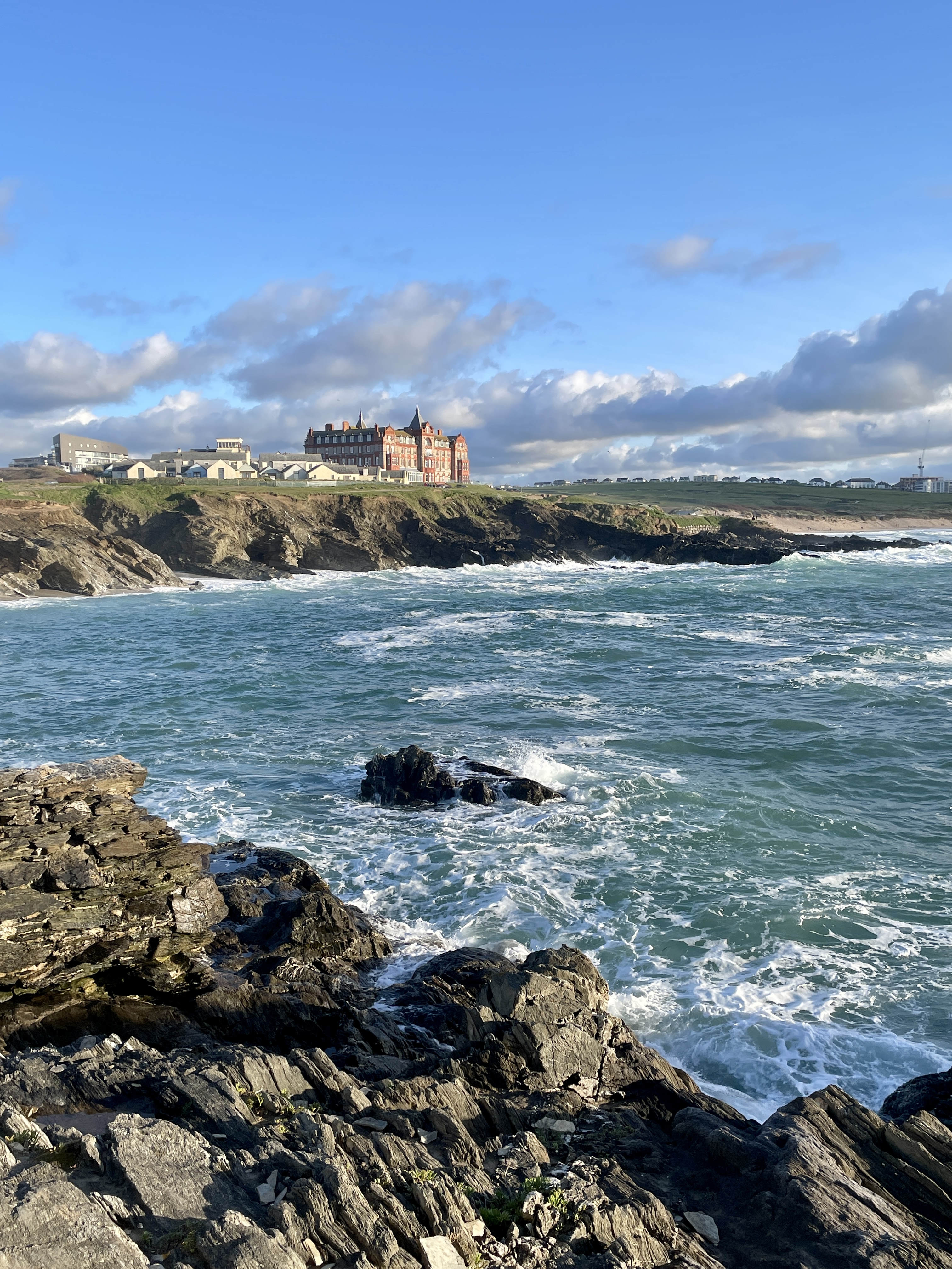 View of the iconic Headland Hotel from Towan Headland in Newquay