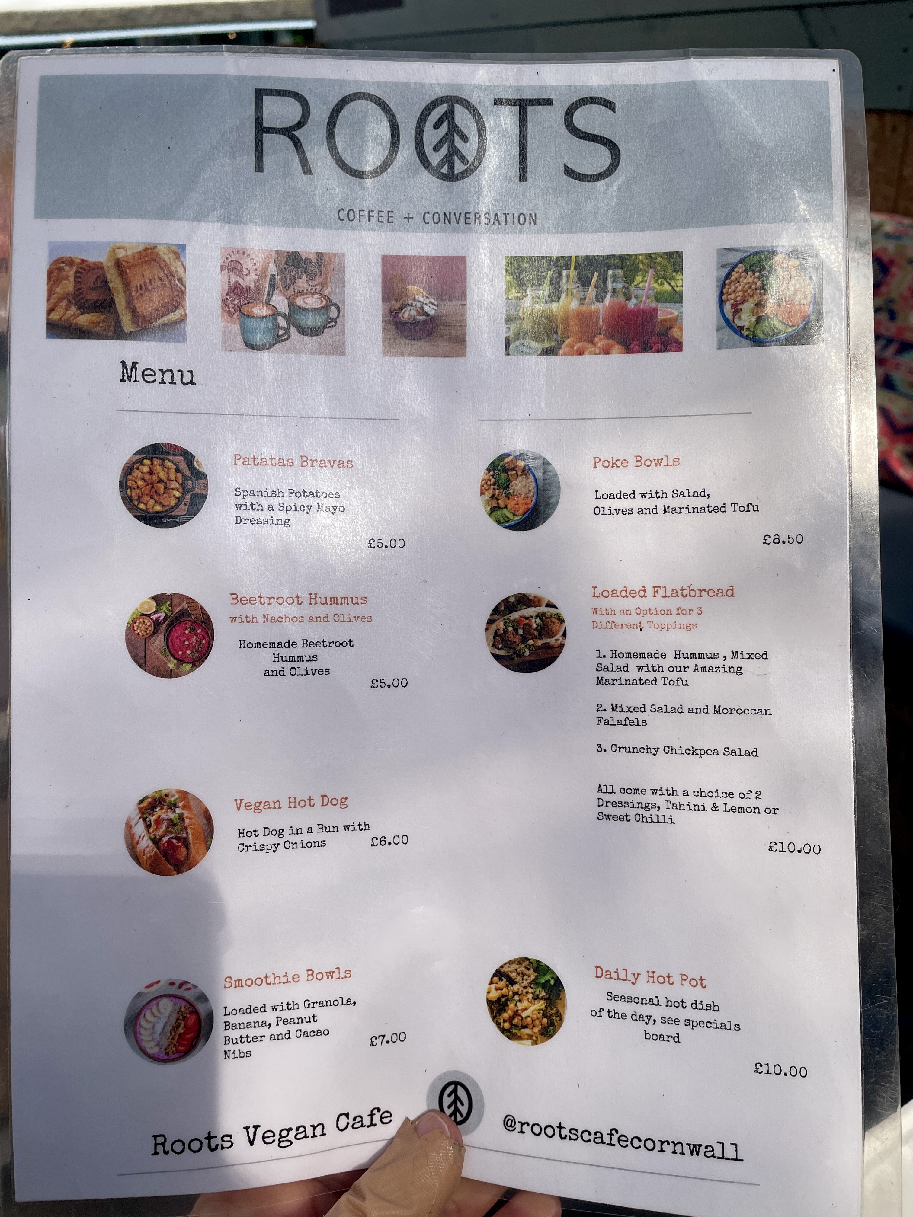 Roots Vegan Cafe Menu 2024 PerranPorth Near Newquay in Cornwall