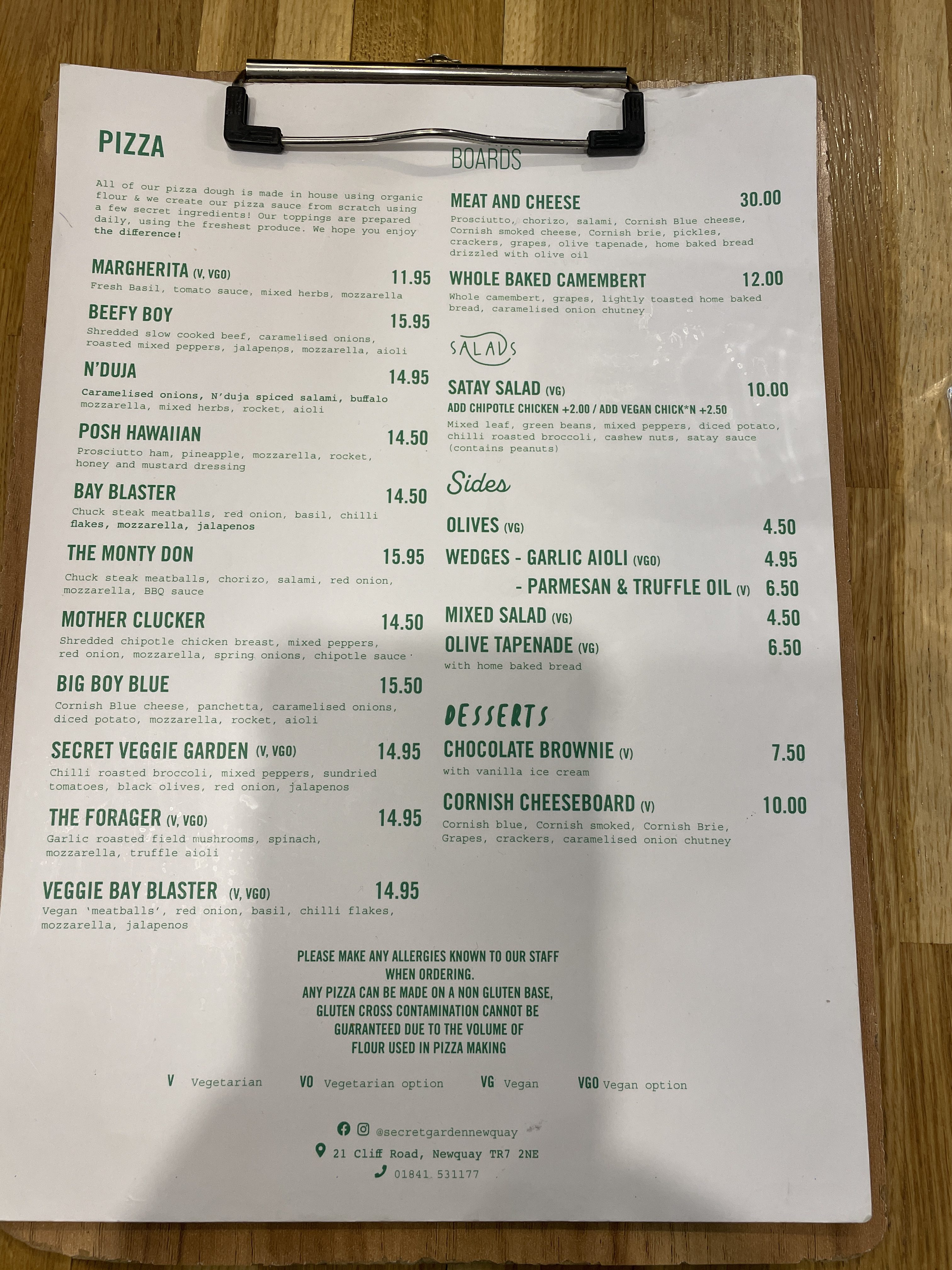Secret Garden Newquay Menu