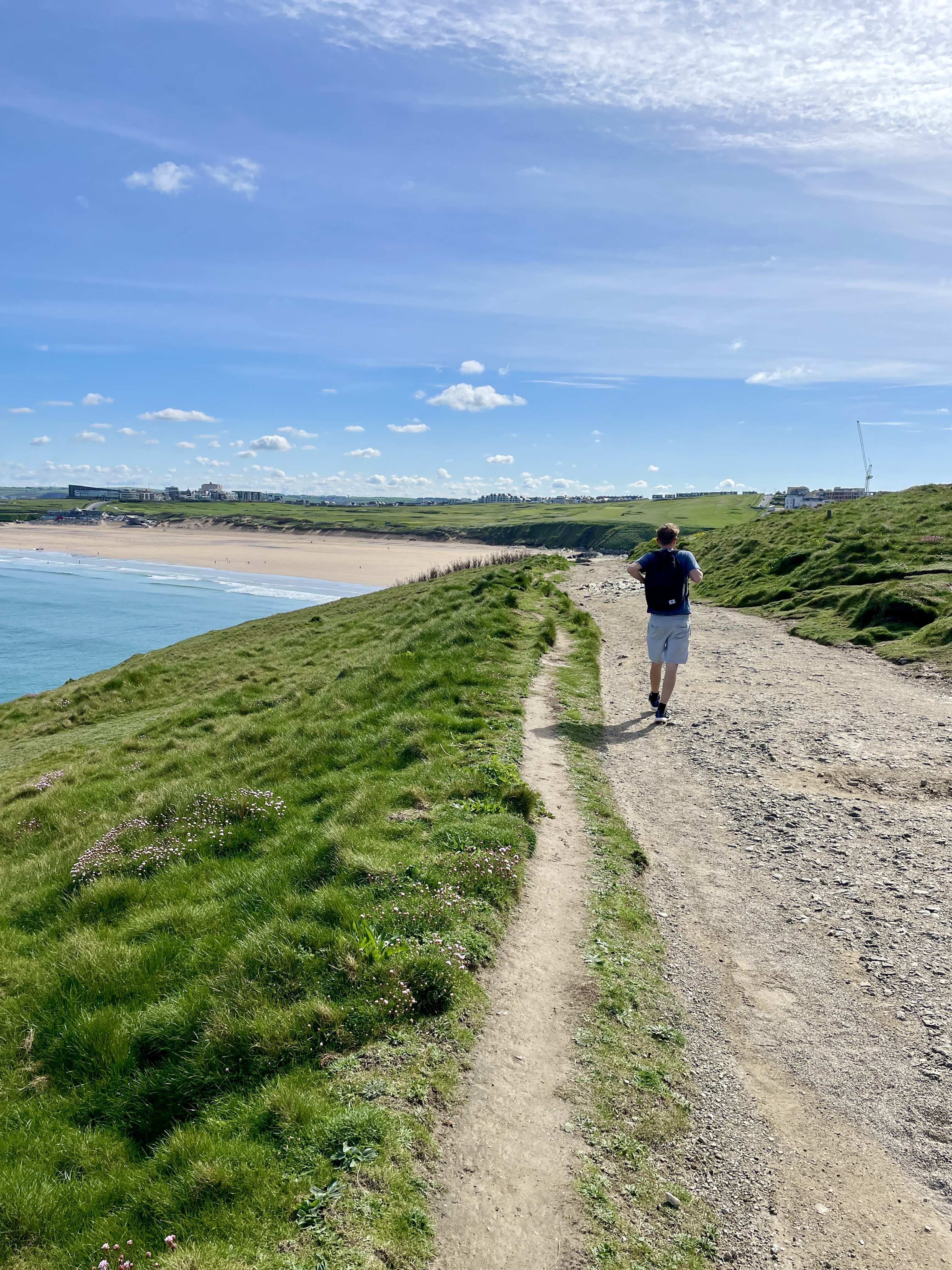 Walking to Fistral from Pentire headland.  Newquay Golf course in the distance.