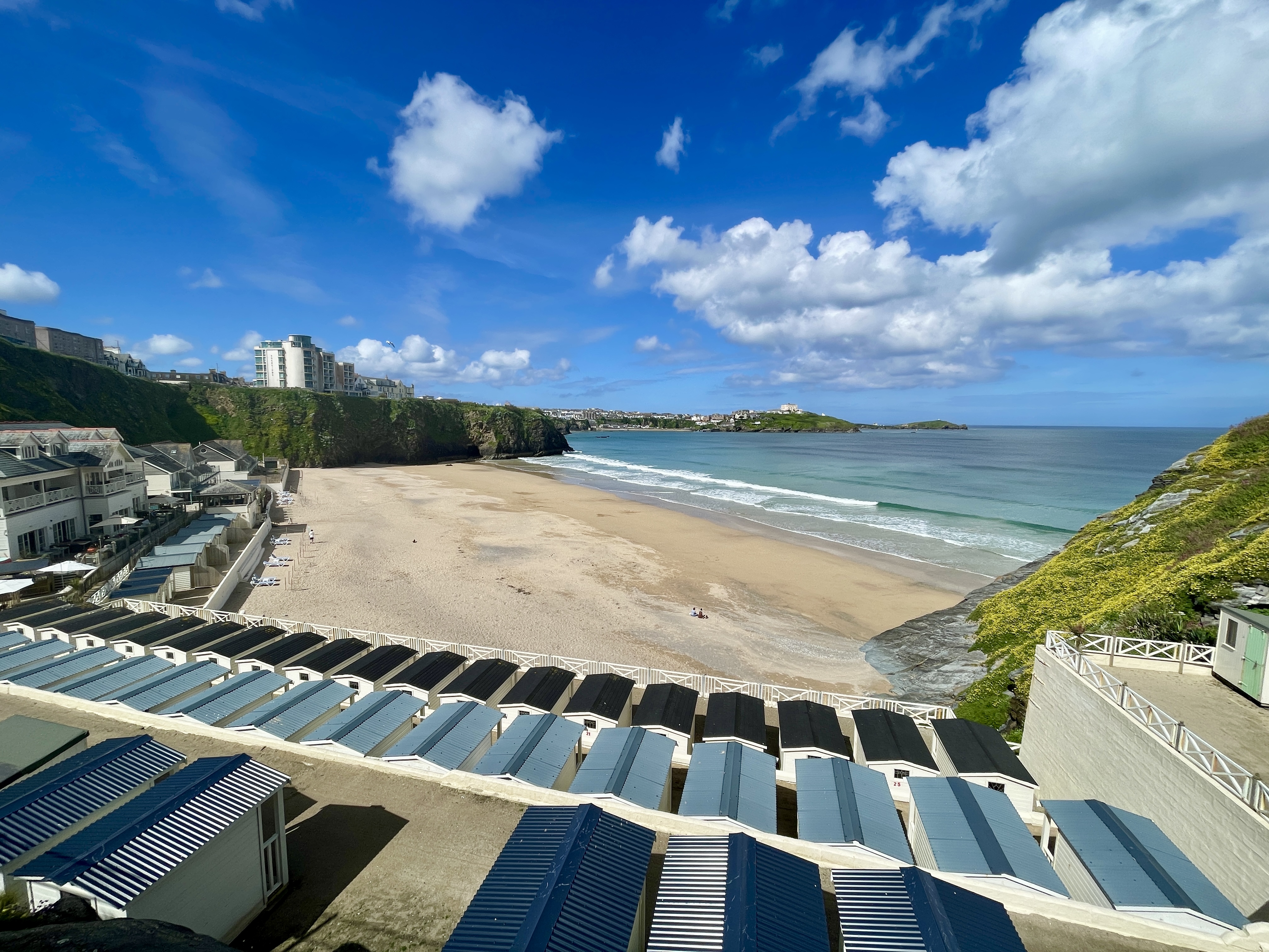 A view over the beach huts at Tolcarne