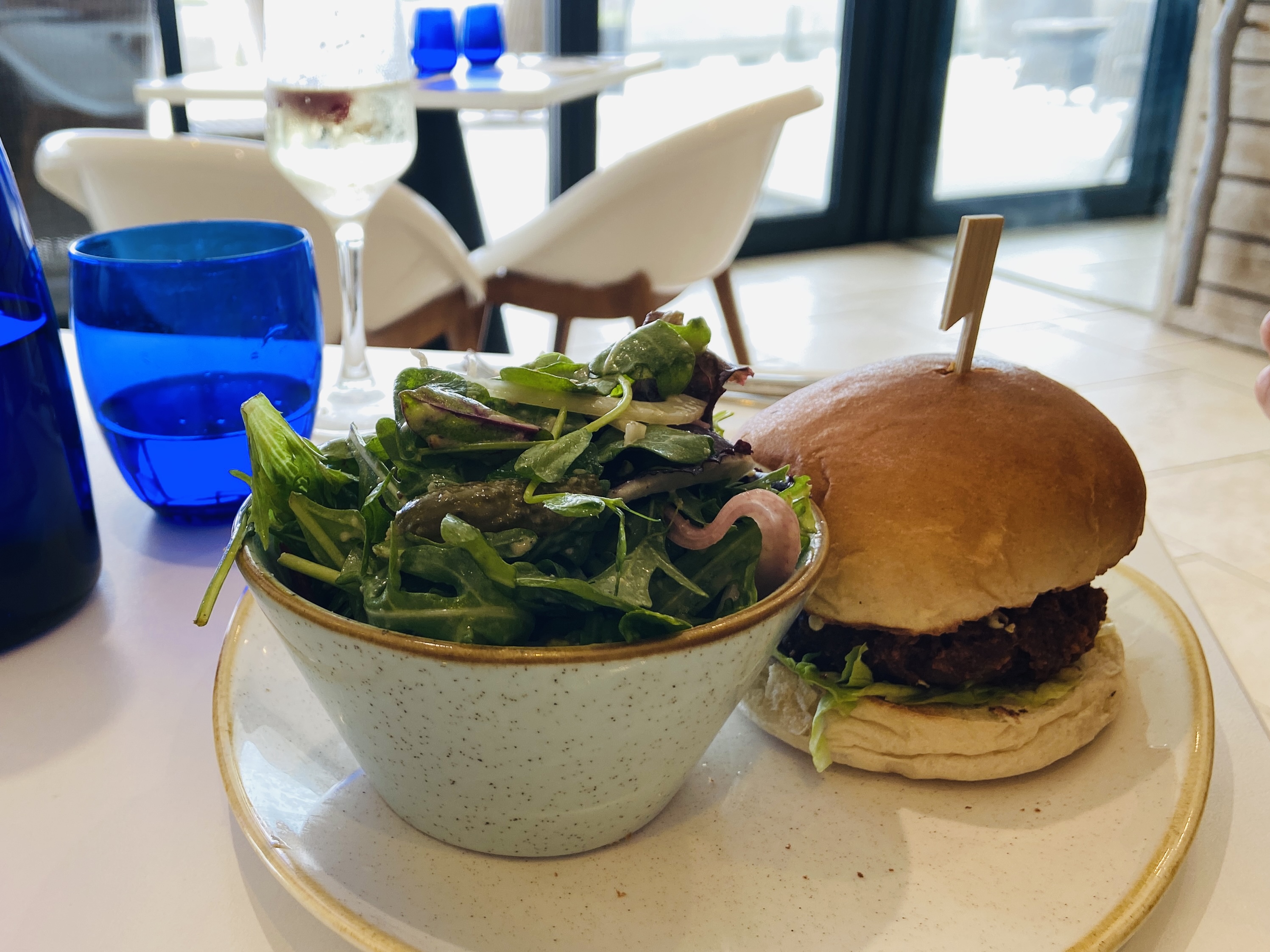 vegan burger and salad at the spa lounge headland hotel