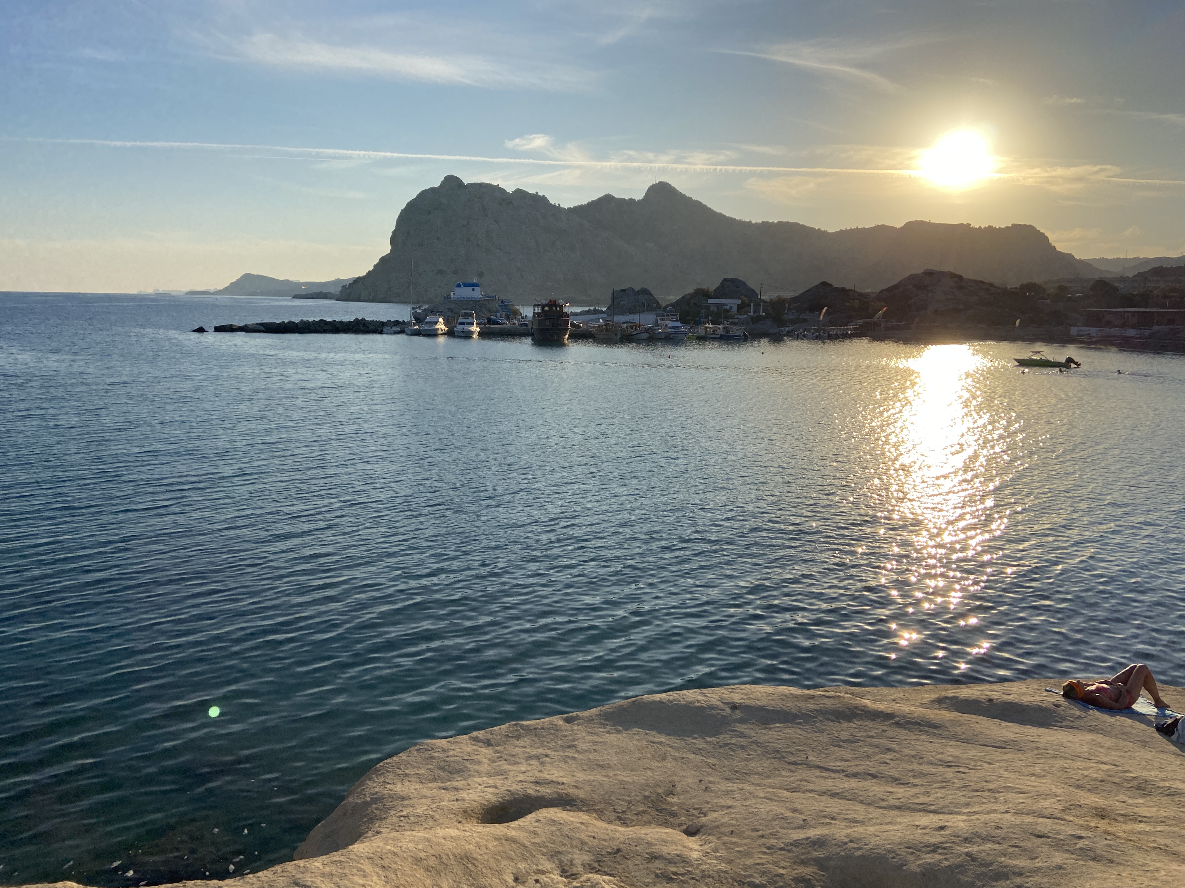 Sunset over Kolymbia Harbour and Tsambika Mountains from Kolymbia Flag Hill