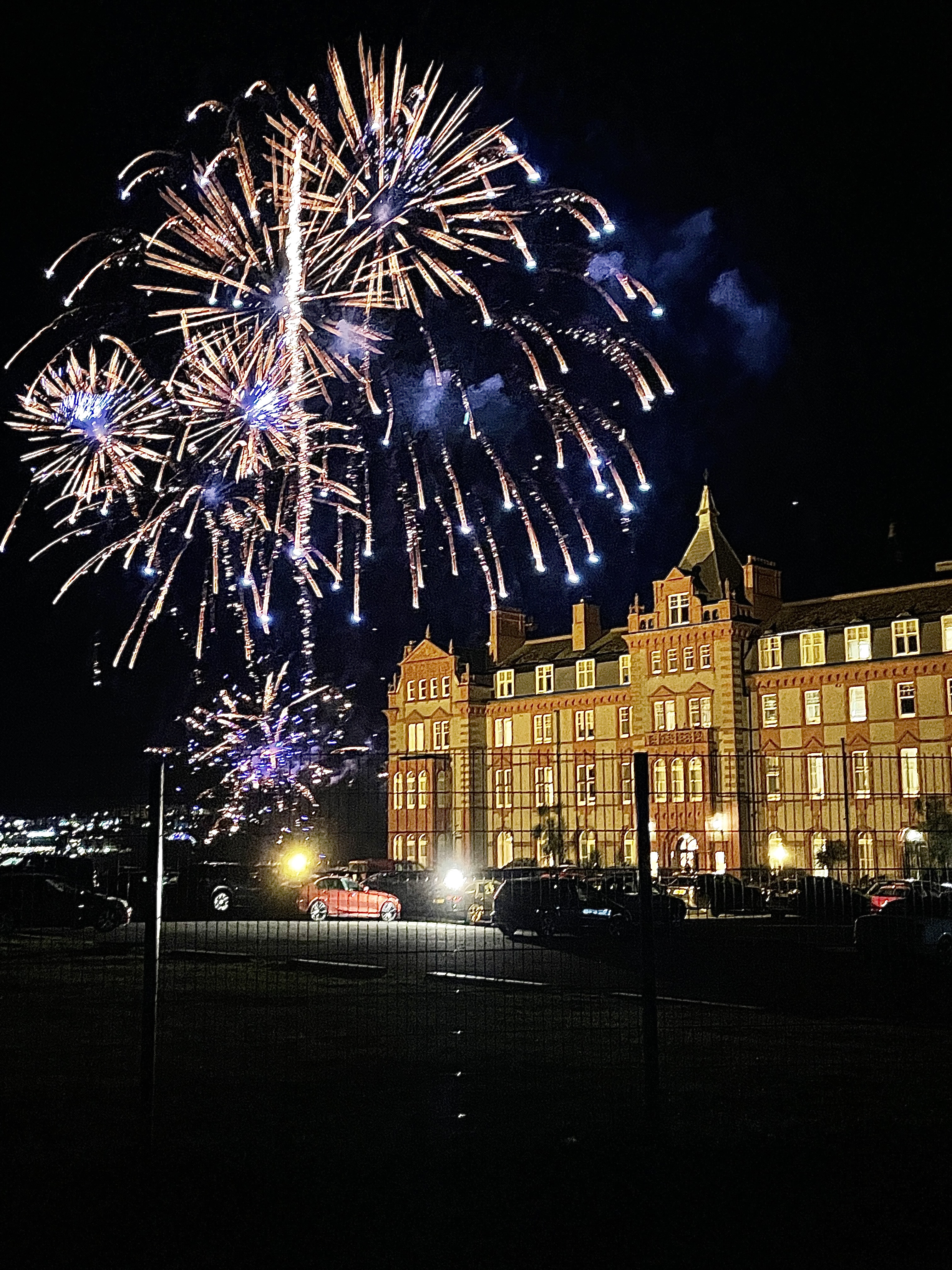 Free Fistral fireworks display viewed over The Headland Hotel from Towan Headland 
