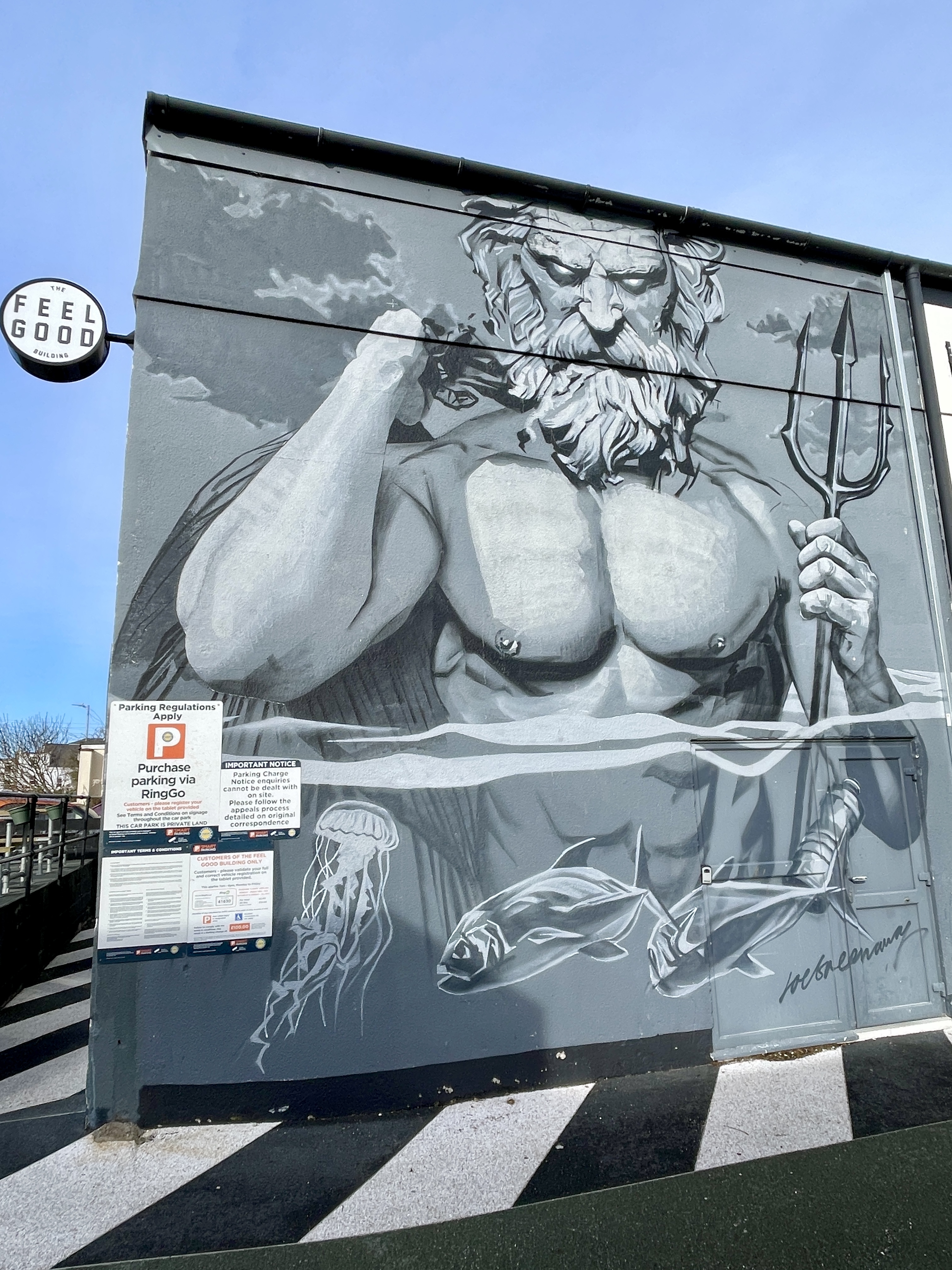 Poseidon the God of Water street art mural newquay 