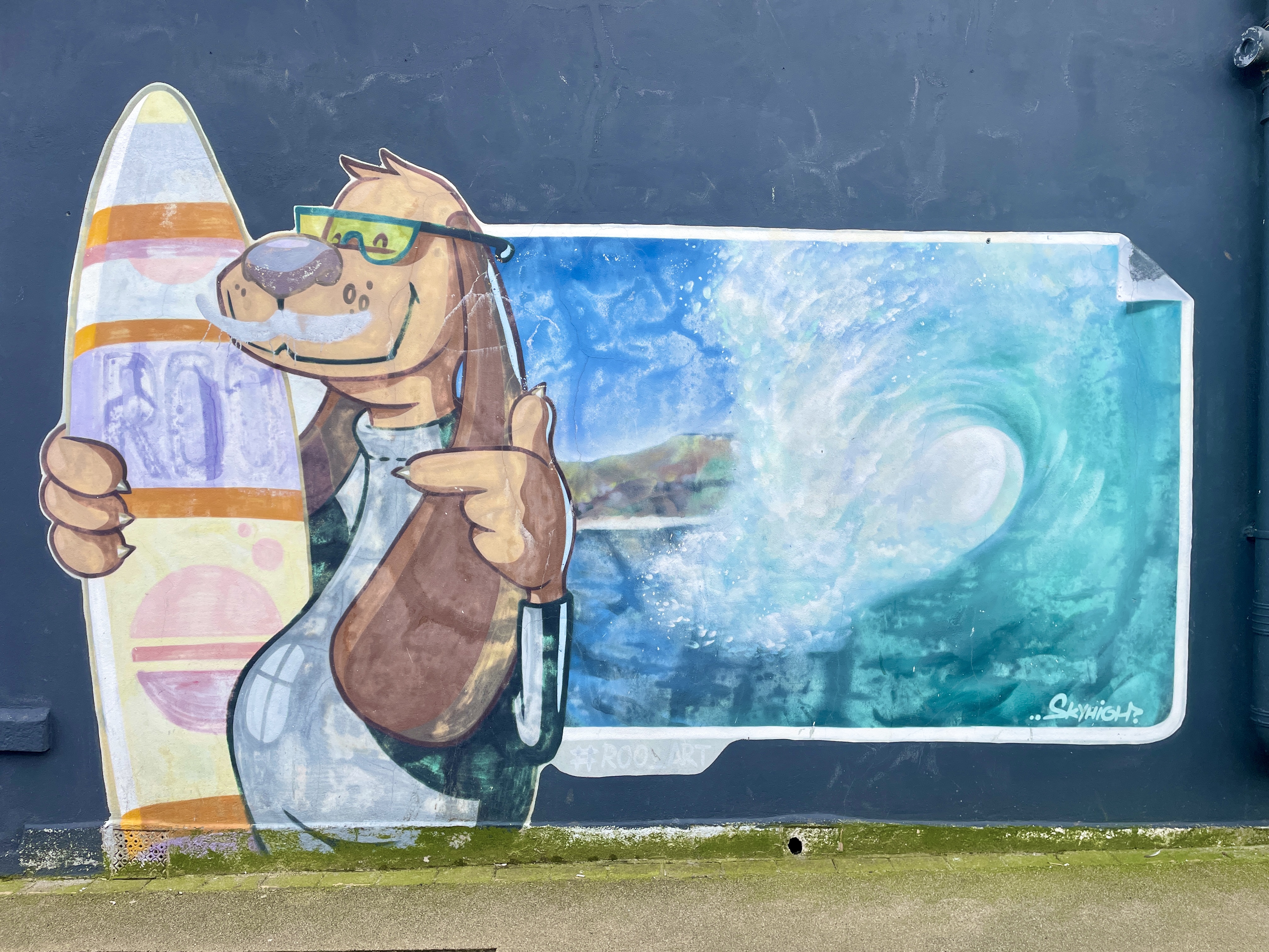 Surfer Dog with Moustache Street Art in Newquay by Roo