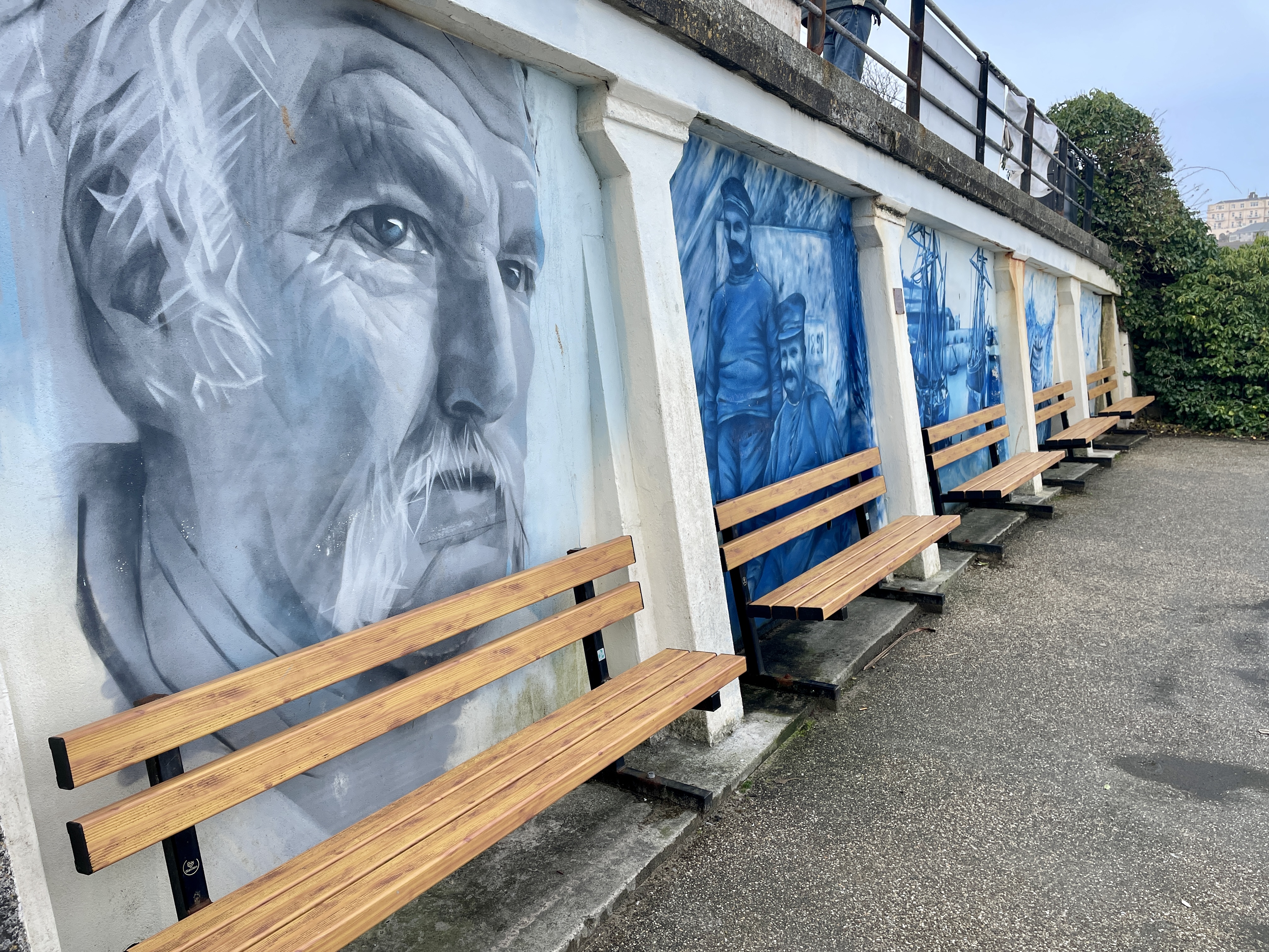 Newquay Fisherman Philip Trebilcock a street art mural in Newquay by artist Joe Greenaway
