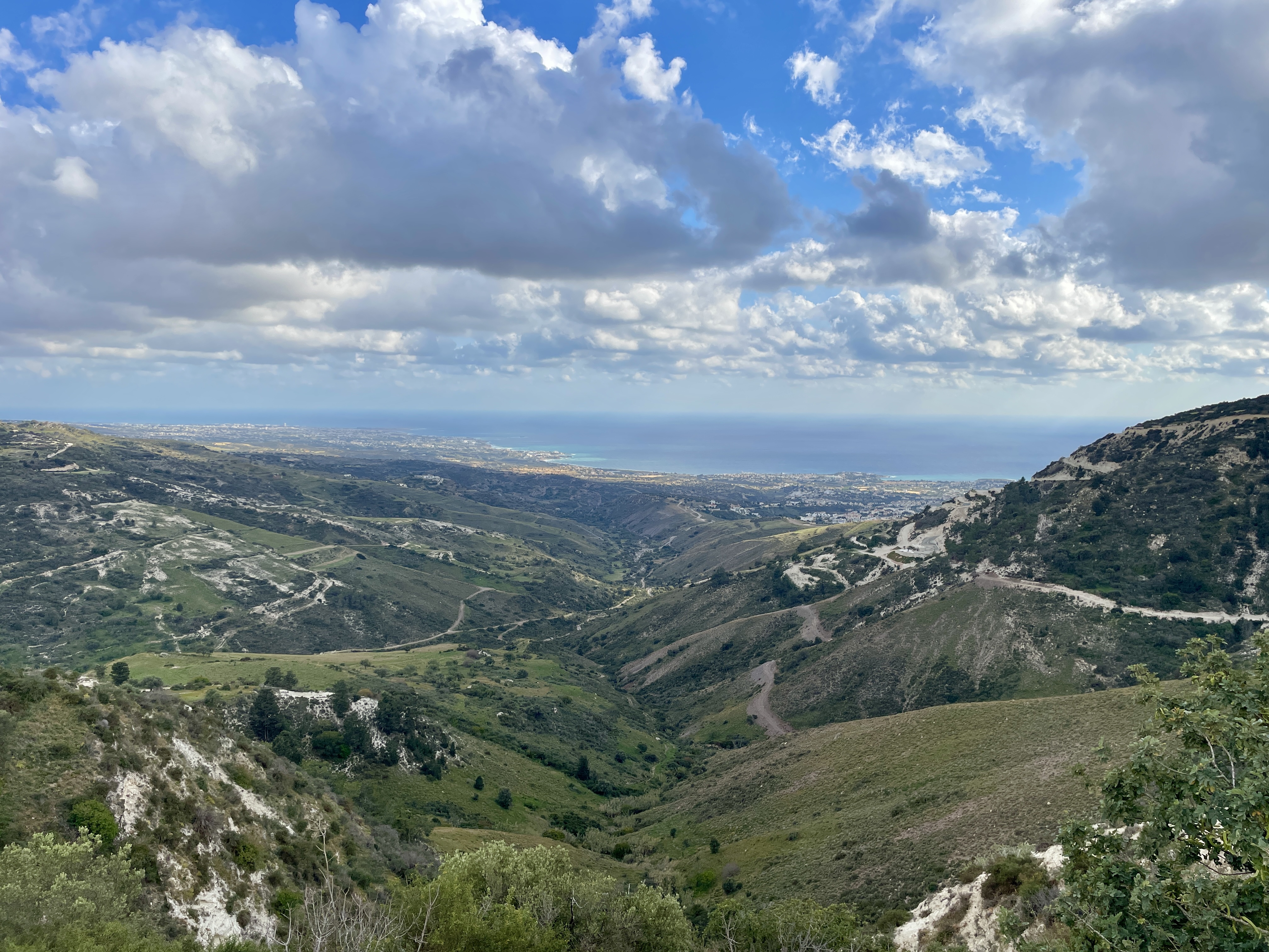 Stunning lush green mountainous and coastal scenery in the Peyia region as we drove back to our villa from Agios Georgios Harbour