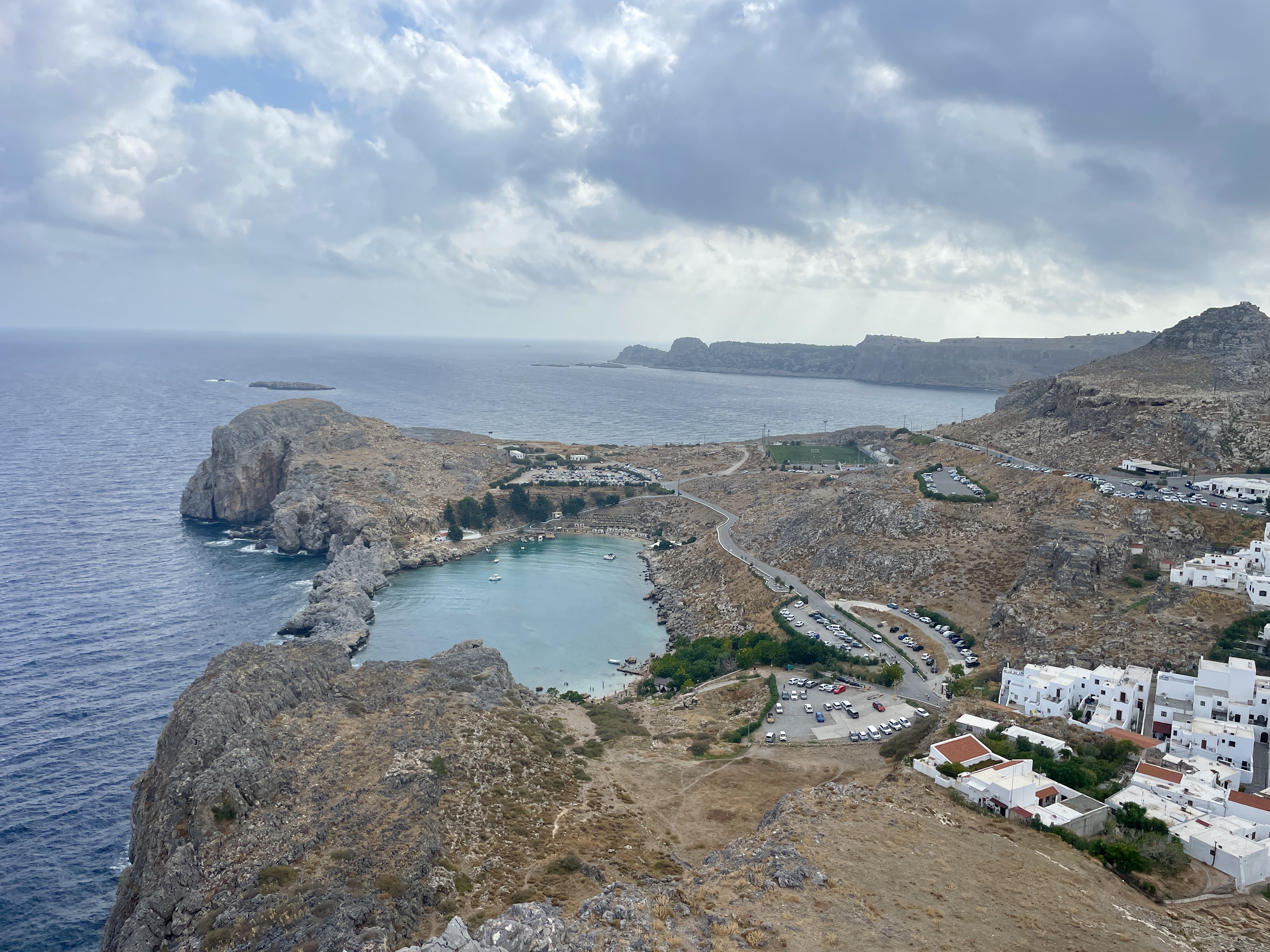 looking down from the Lindos Acropolis at st paul's bay