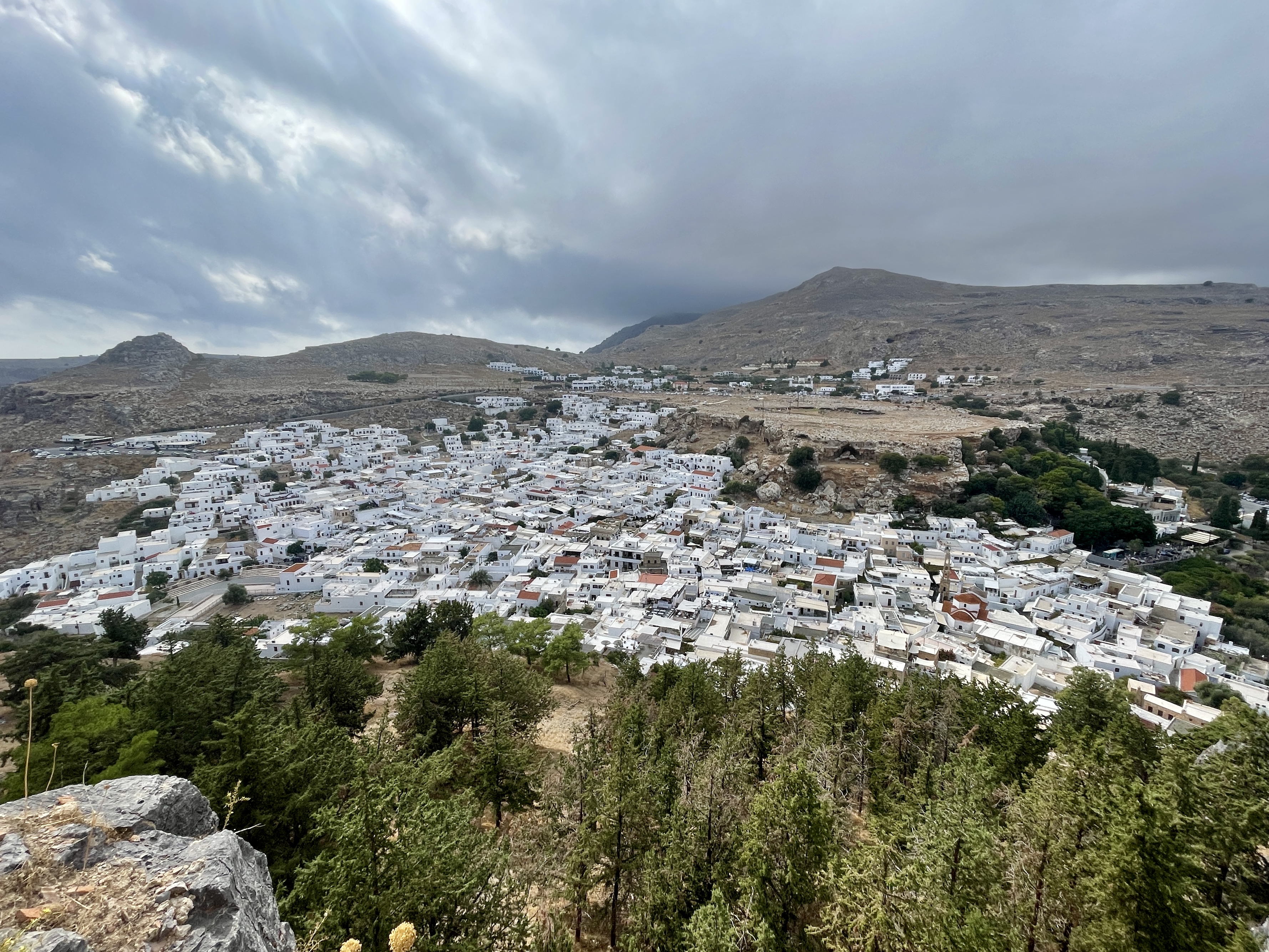 Aerial-like view over Lindos village from the Acropolis walls