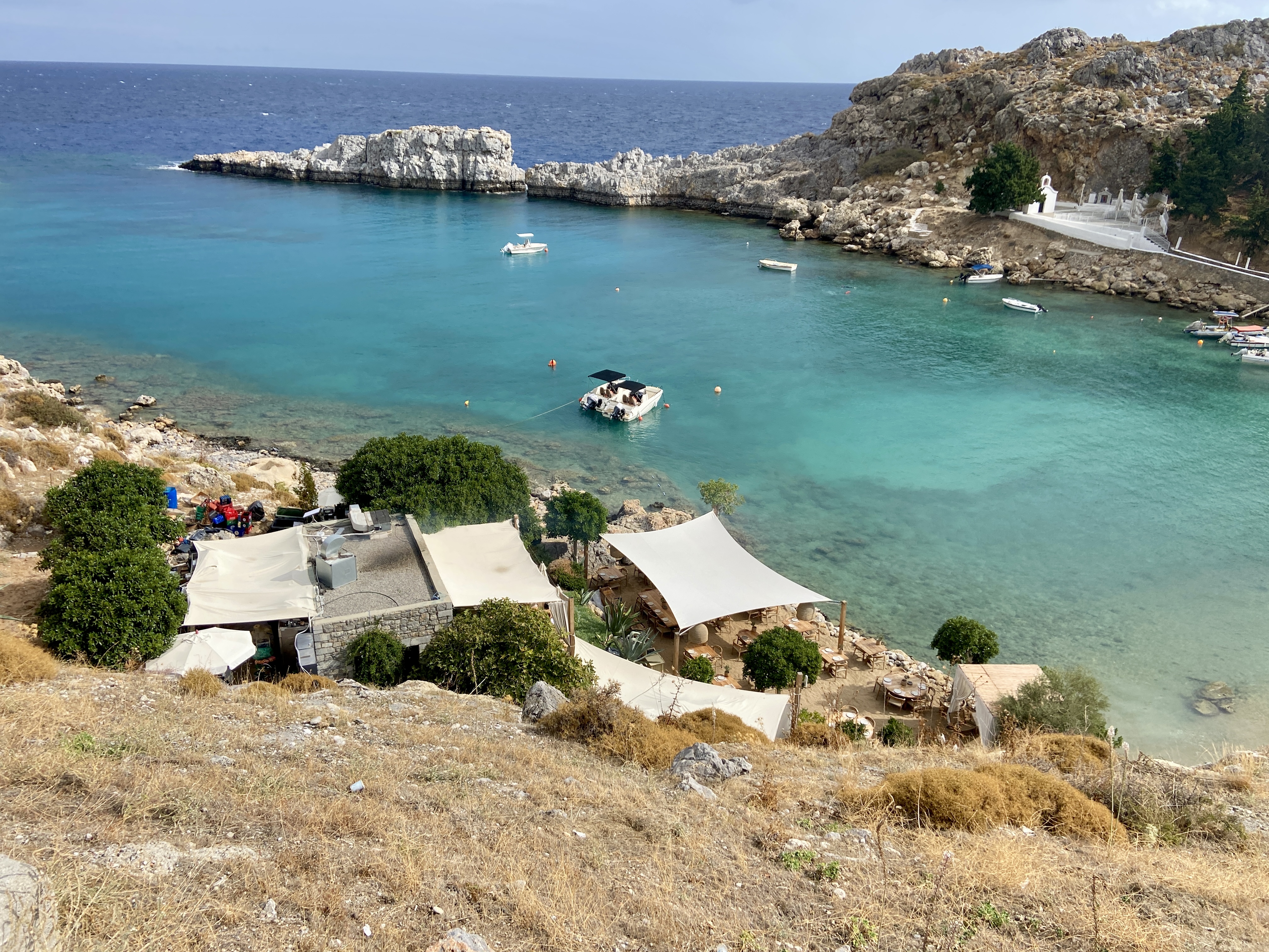 On the way to Lindos village, we walked past the beautiful St Paul's Bay