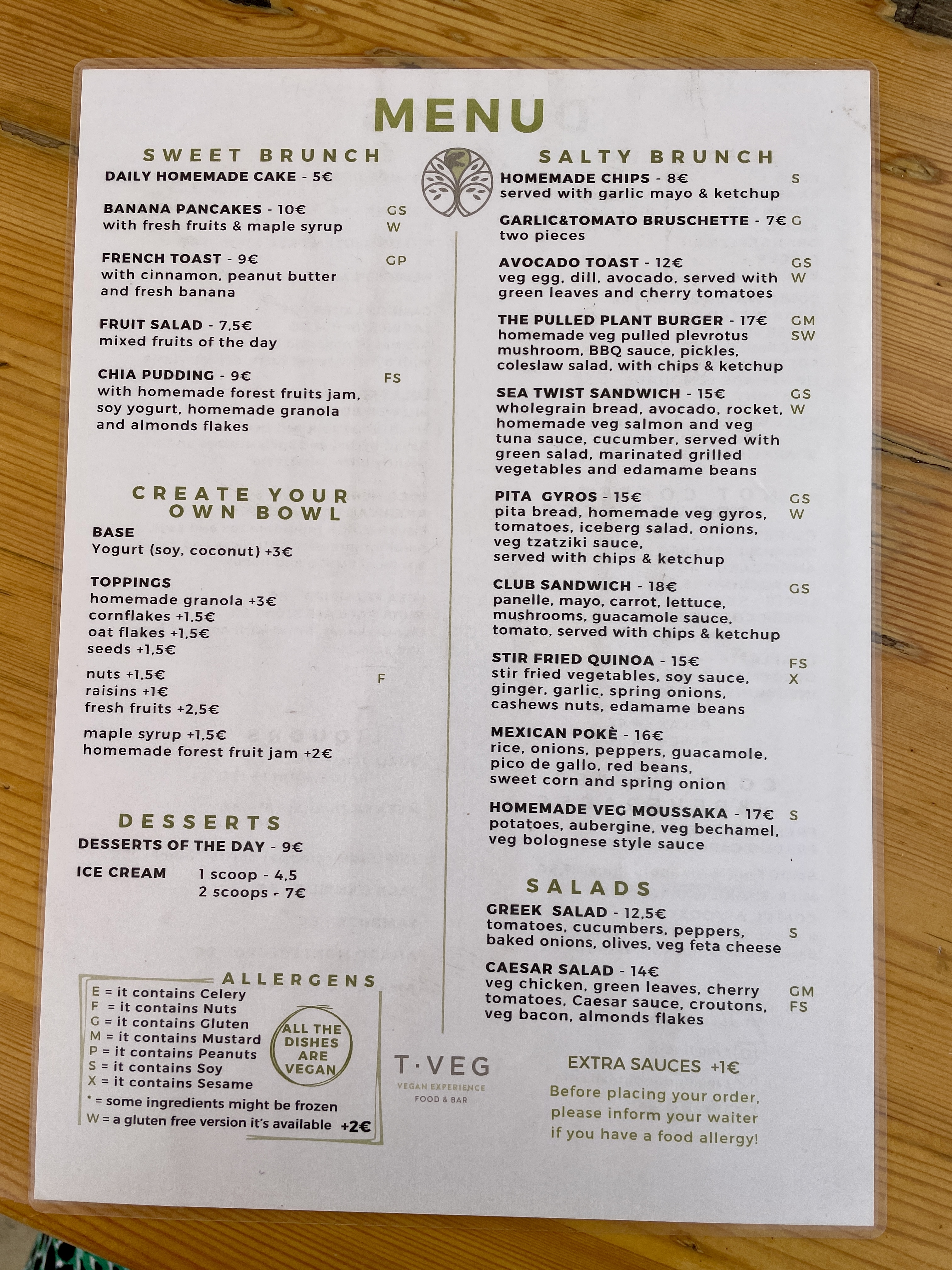 Brunch and Lunch Menu at T-Veg in Lindos Rhodes in Autumn 2025