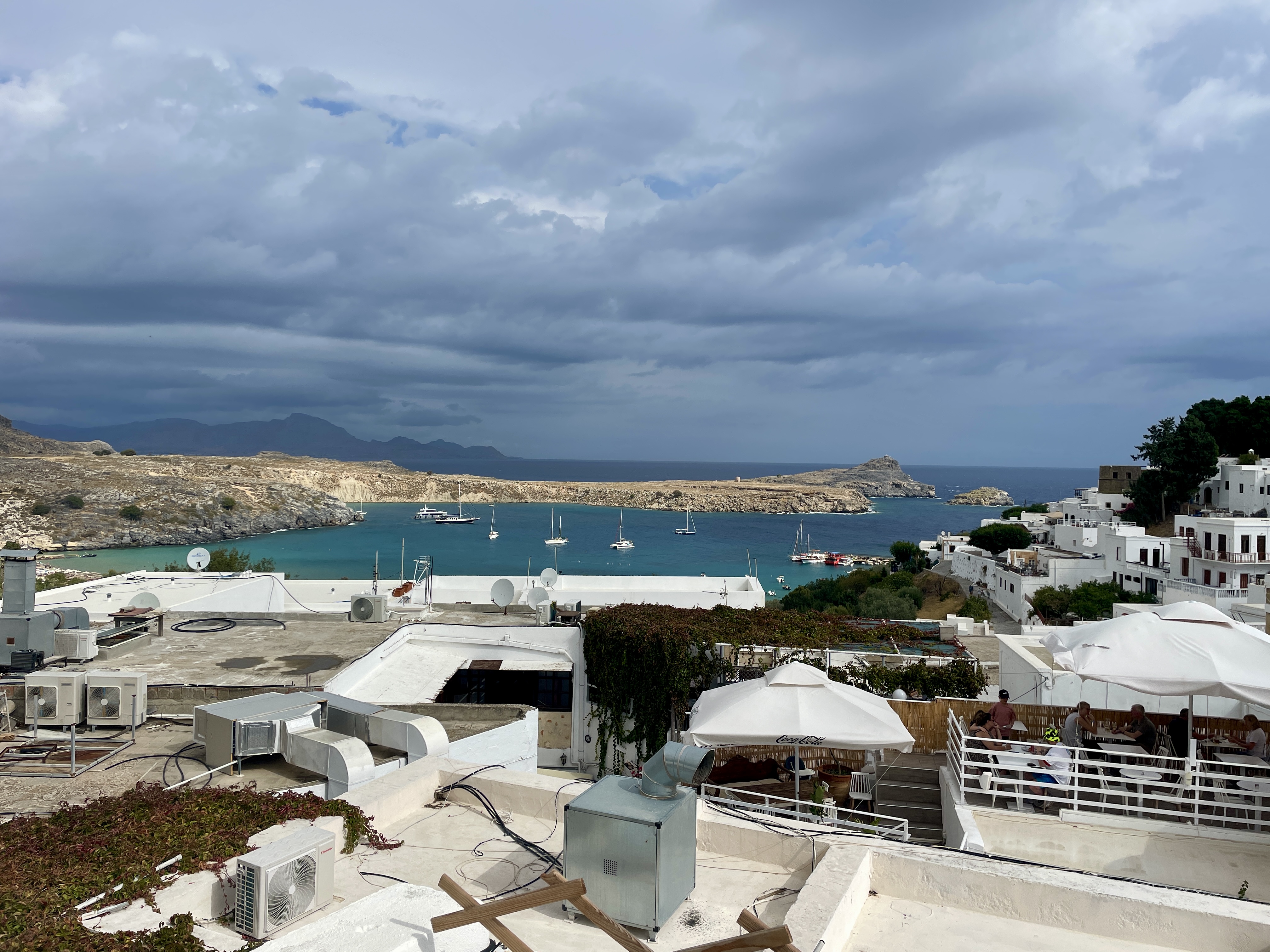 Views across Lindos Bay from T-Veg rooftop terrace