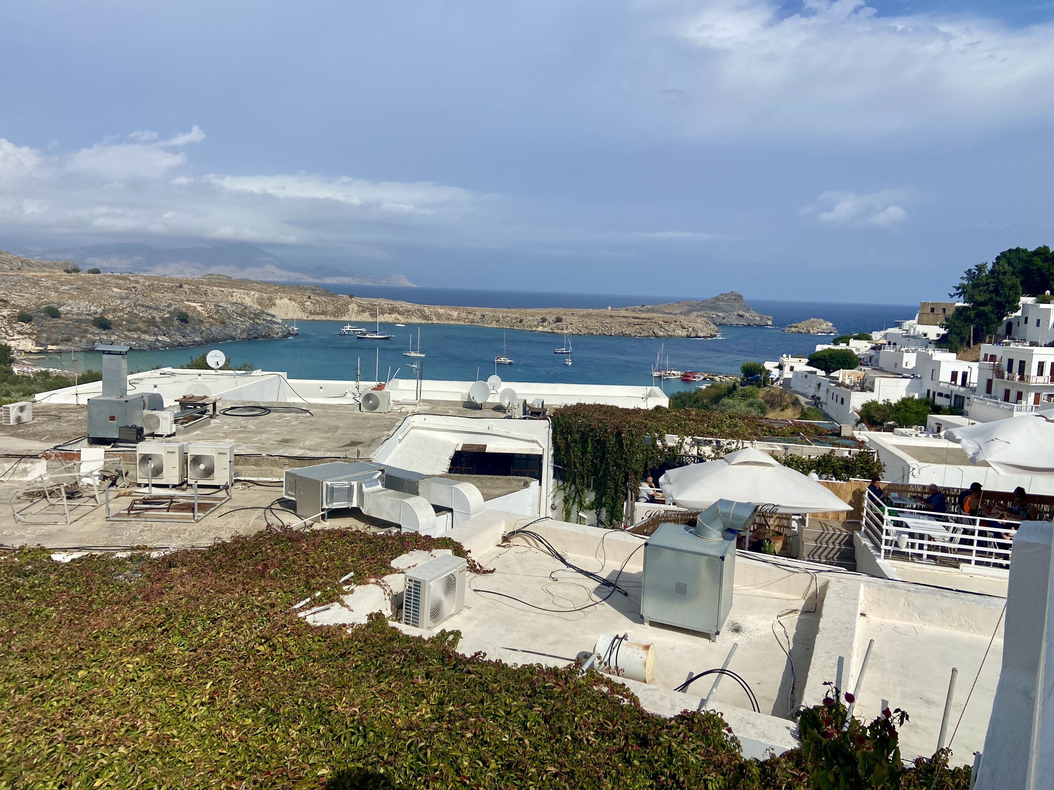 From rooftops in Lindos village, you can catch a glimpse of the sea