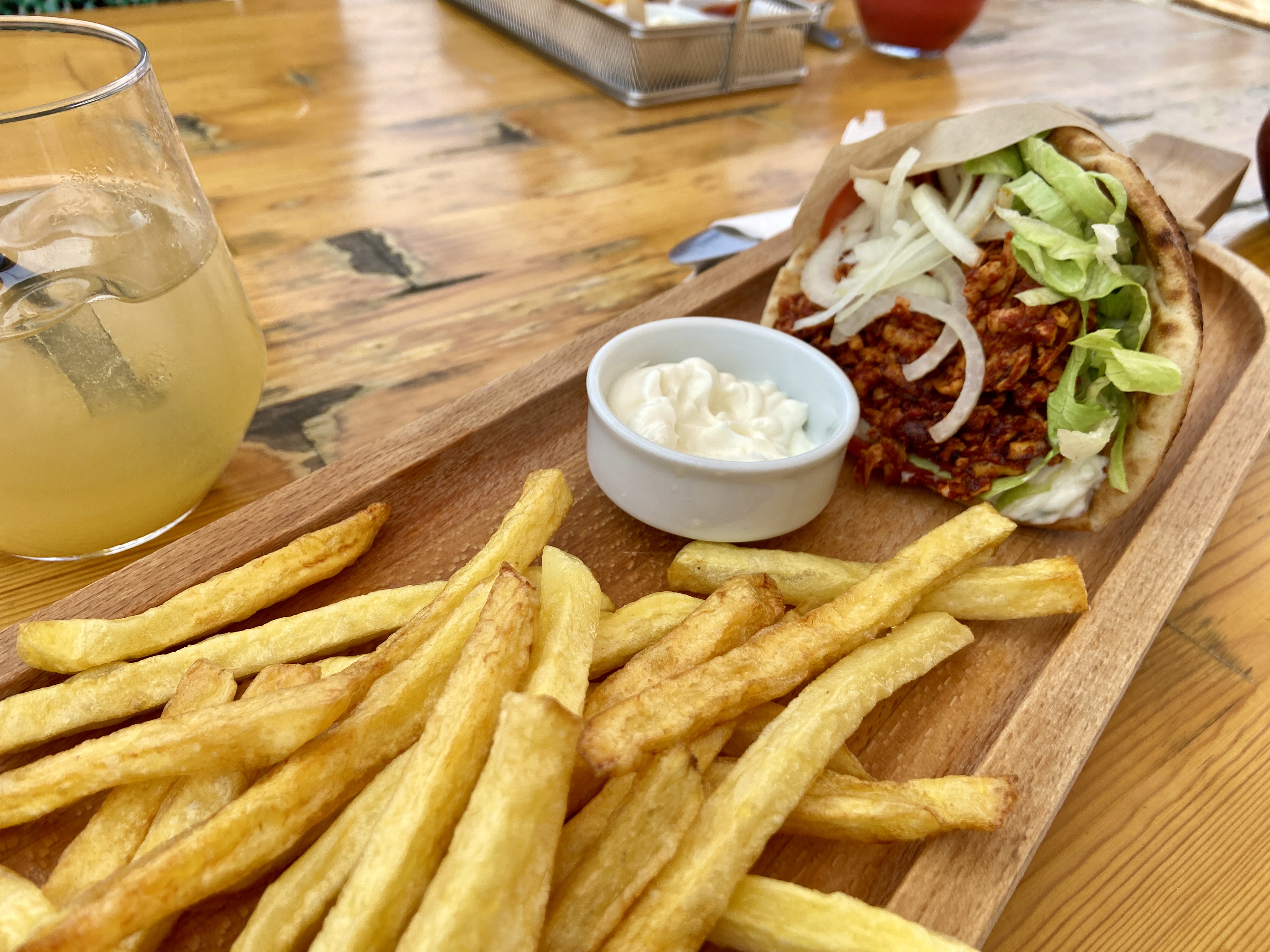 Vegan "Pita Gyros" at T-Veg 100% vegan restaurant in Rhodes where we enjoyed views across Lindos from their rooftop terrace