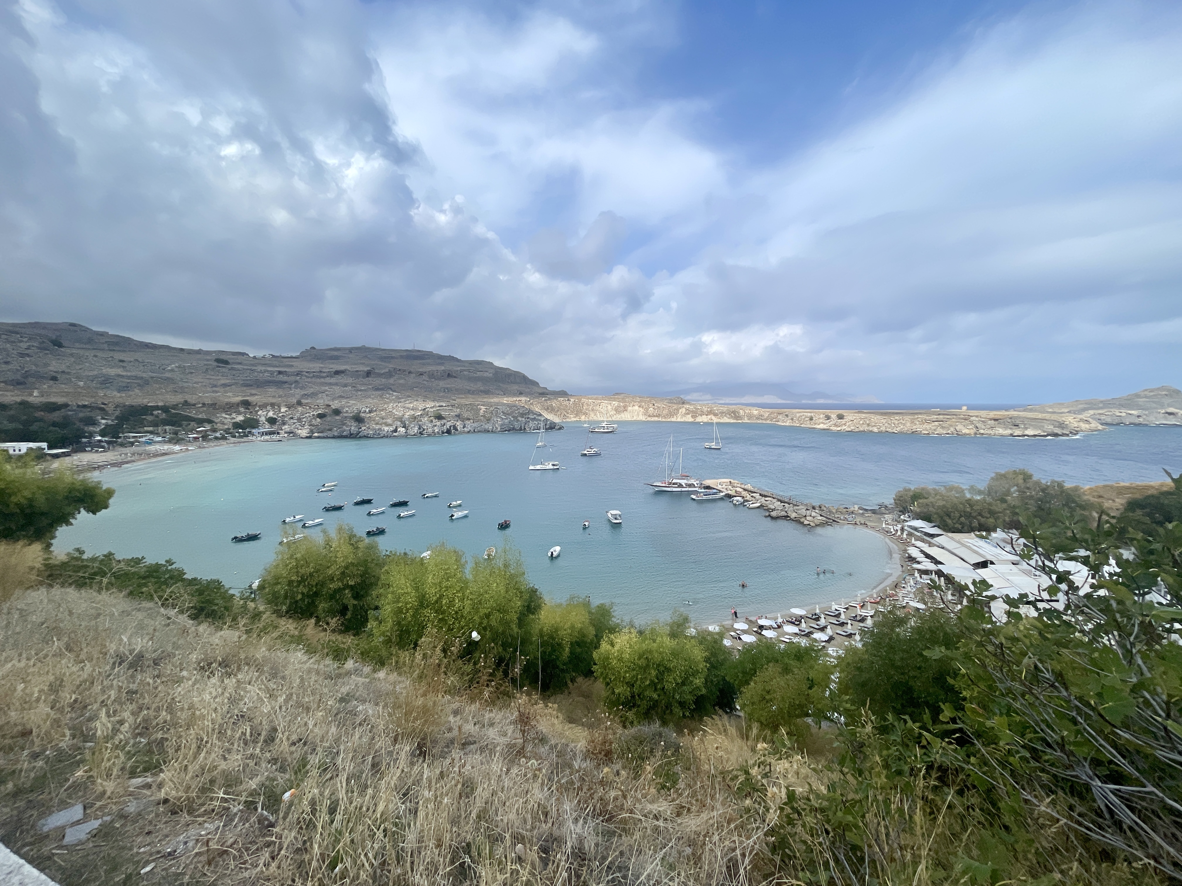 Views across Lindos Bay from the path to the Acropolis