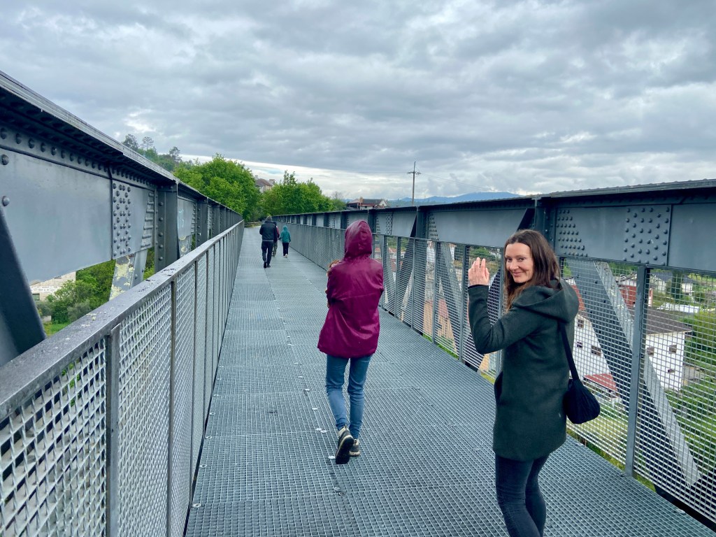 Walking across Mosteirinho Bridge before joining the Ecopista do Dão trail towards Torredeita.