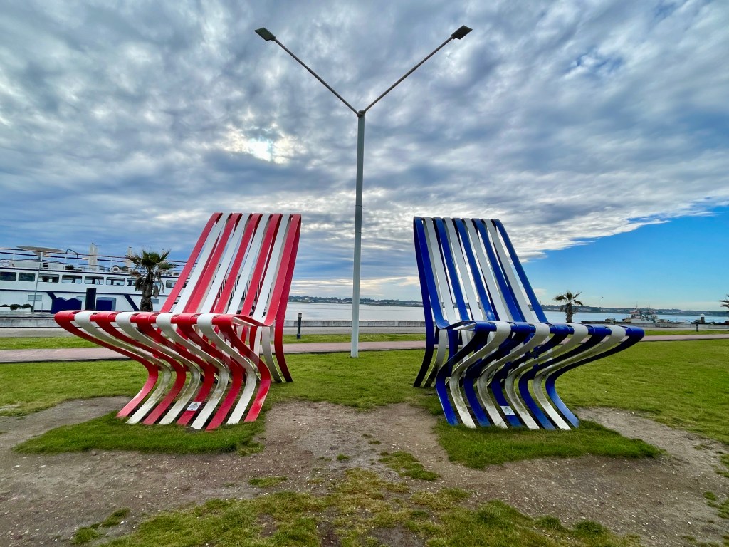 Giant beach chairs sculpture inspired by the striped houses in Costa Nova