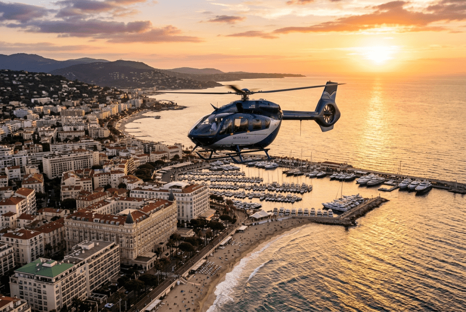 Helicopter flying over a coastal city with marina and beach at sunset