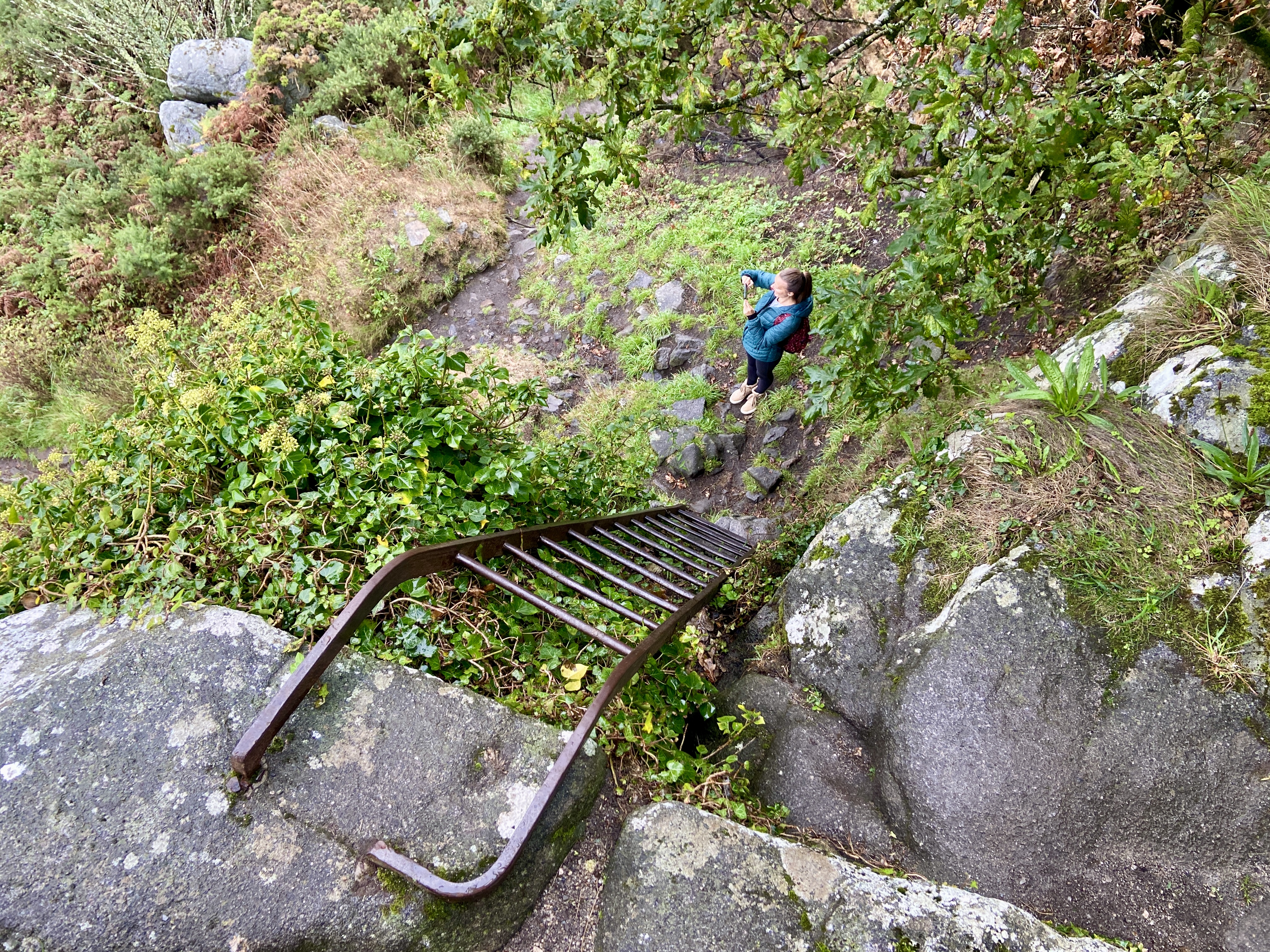 Steep iron ladder to climb to first section of St Michaels Chapel at Roche Rock